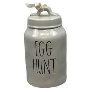 Rae Dunn Egg Hunt Ceramic Canister with Lid and Ribbon White Easter 8 X 4 inches